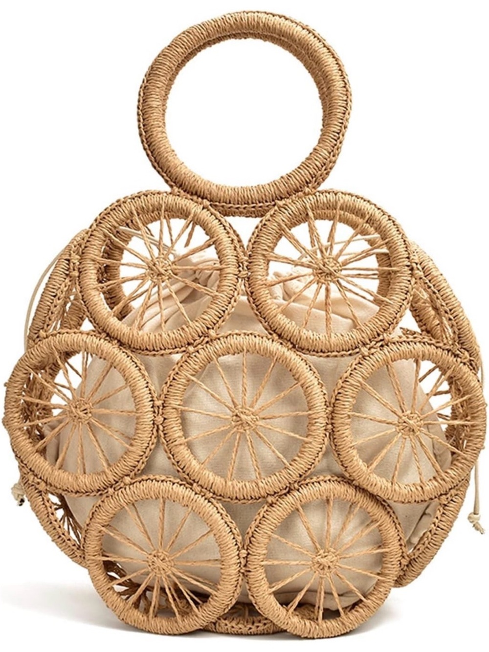 Beige Woven Circle Shoulder Straw Bag with Inner Pouch